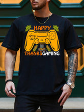 Happy Thanks Gaming Men's Graphic Tee, Pure Cotton Casual Black T-Shirt, Lightweight Round Neck Tee